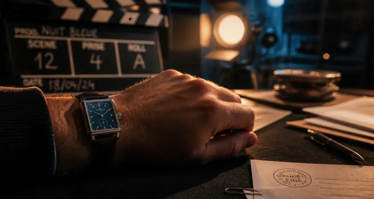 Montre dans les films : gros plan montre rétro sur table de plateau de cinéma
