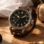 Montre laco Flieger sur table bois clair, cadran noir mat et bracelet cuir