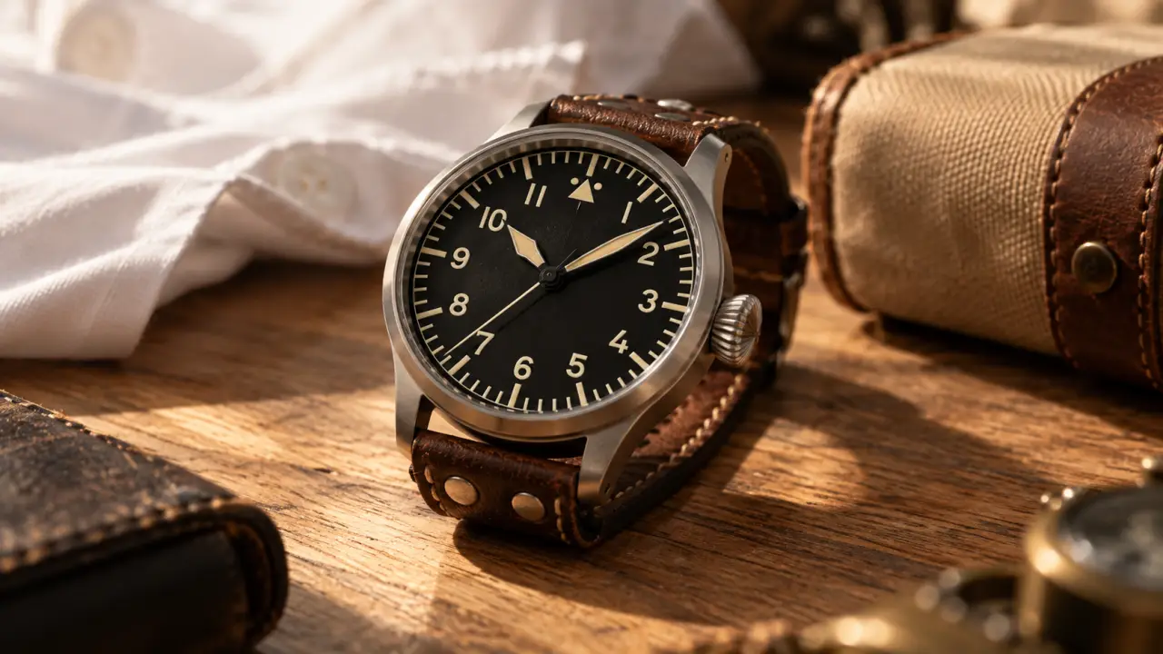 Montre laco Flieger sur table bois clair, cadran noir mat et bracelet cuir