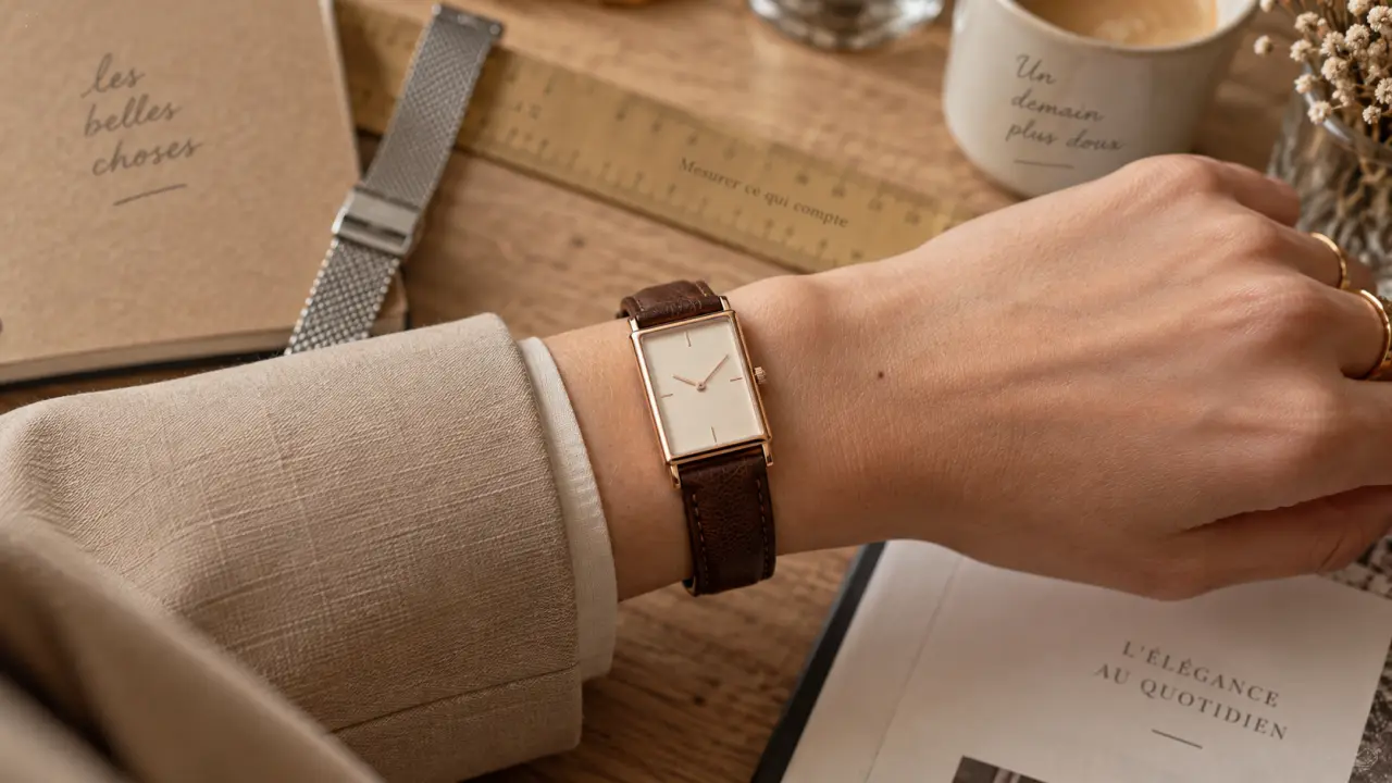 Montre mode femme : bracelet cuir brun et boîtier or rose