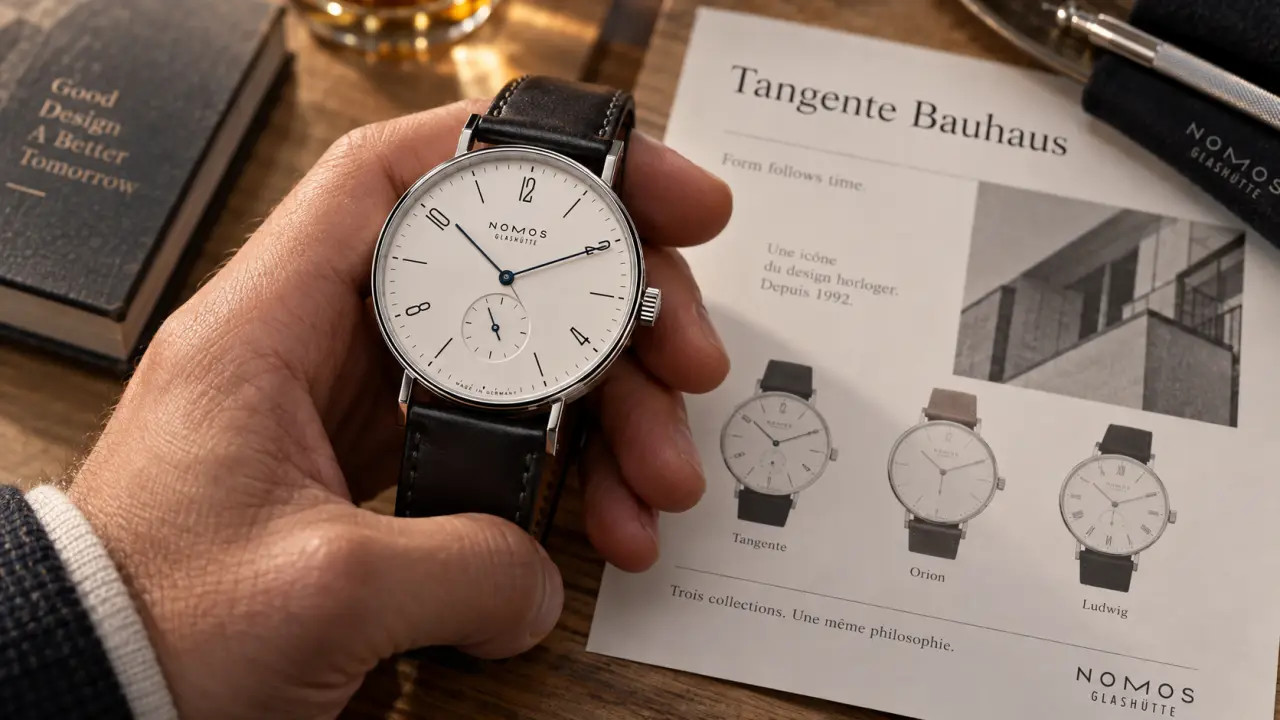 Montre NOMOS Tangente Bauhaus, gros plan au poignet
