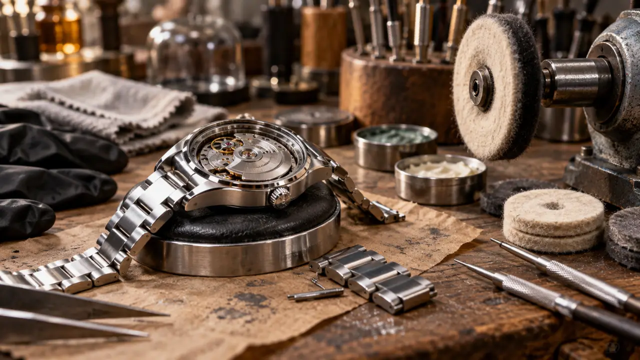 Polissage montre sur établi, éclat acier et arêtes adoucies