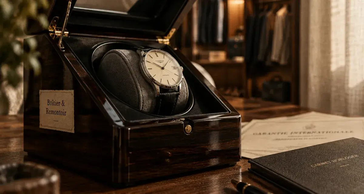 Boitier pour montre automatique : remontoir en bois foncé