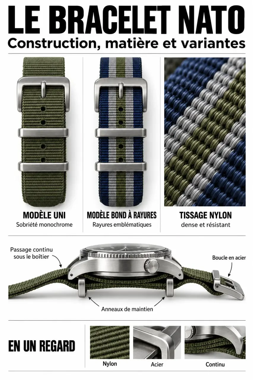 Bracelet de montre NATO uni et Bond avec détails du tissage, de la boucle et du passage sous le boîtier