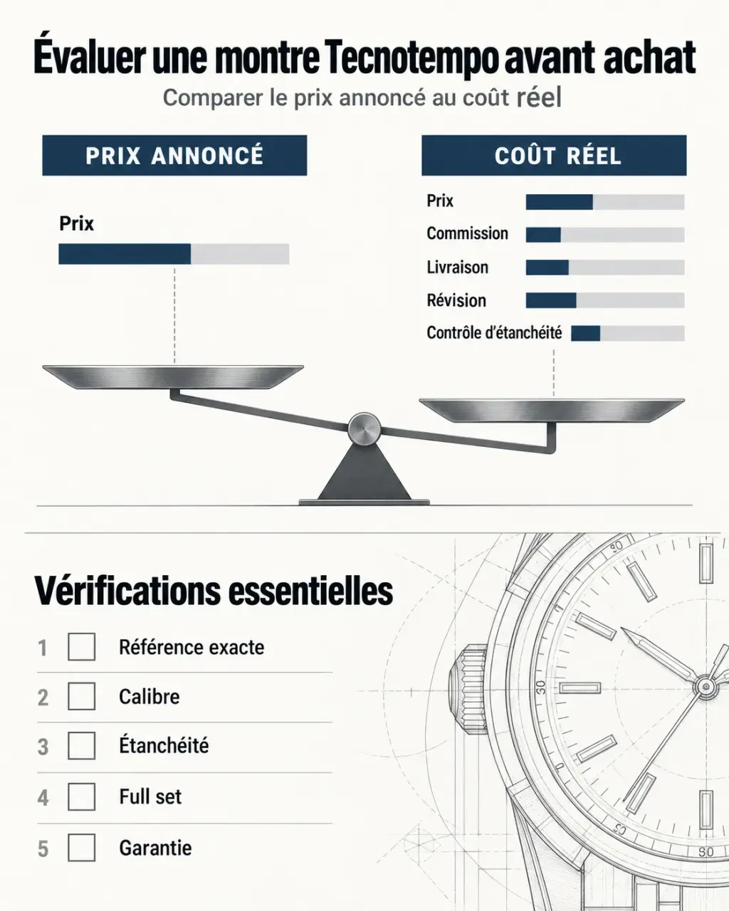 Infographie Tecnotempo sur le coût total et les vérifications avant achat