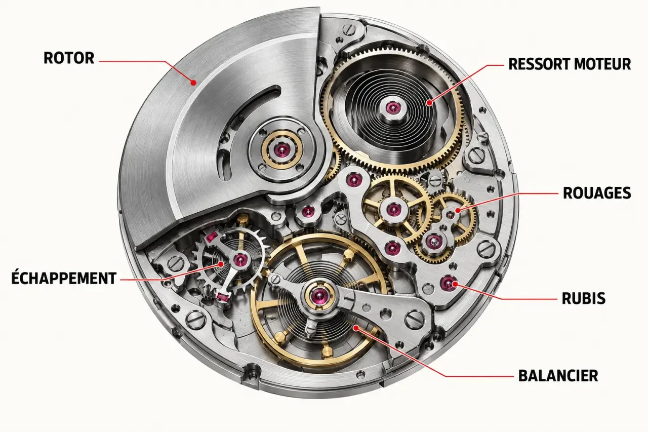 Schéma simplifié d’un mouvement ETA automatique avec rotor, échappement, balancier et rubis
