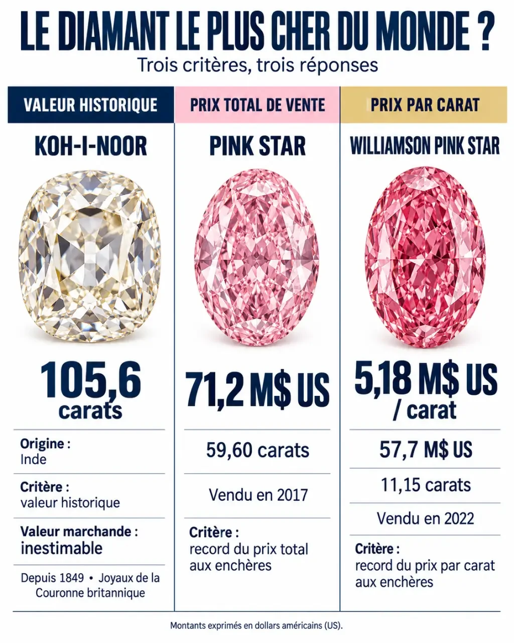Infographie sur le diamant le plus cher du monde selon la valeur historique, le prix total et le prix par carat