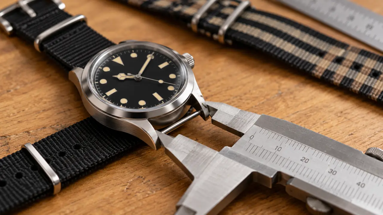 Bracelet montre nato : mesure de la largeur entre-corne avec pied à coulisse