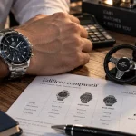 Montre casio edifice acier sur bureau, plan rapproché