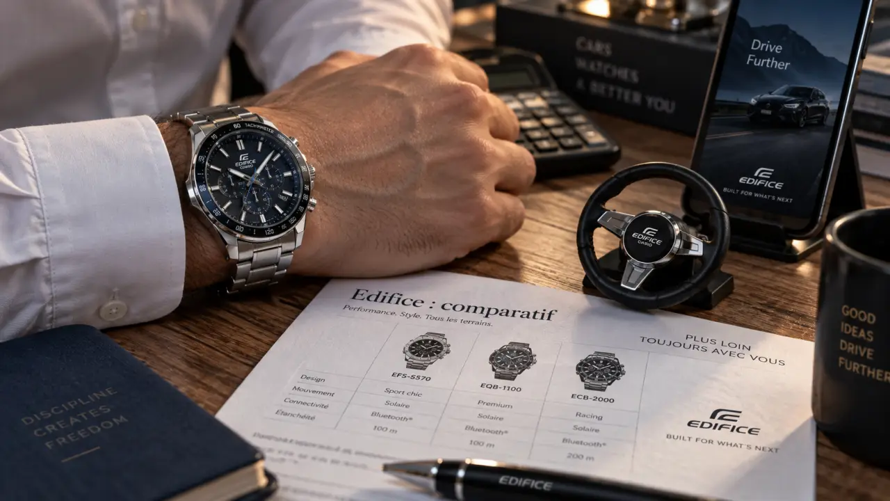 Montre casio edifice acier sur bureau, plan rapproché