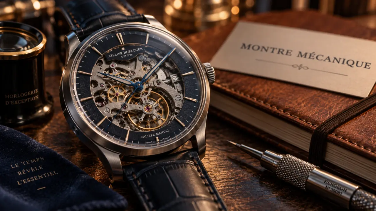 Montre mécanique : balancier en mouvement sur fond bois