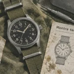 Montre style militaire noire mat, lisibilité et toile NATO kaki