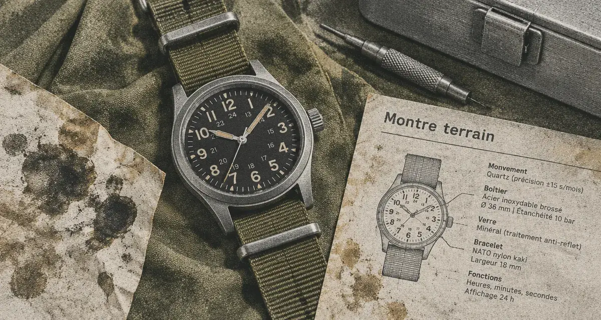Montre style militaire noire mat, lisibilité et toile NATO kaki