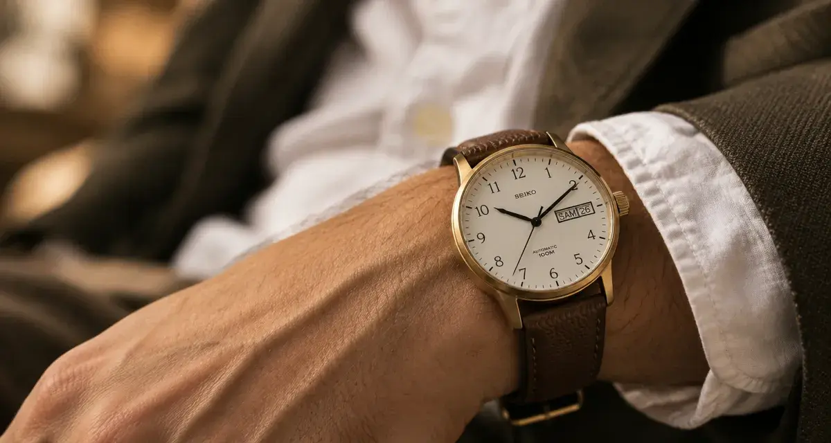 Montres action homme 40 mm, cadran blanc, bracelet marron