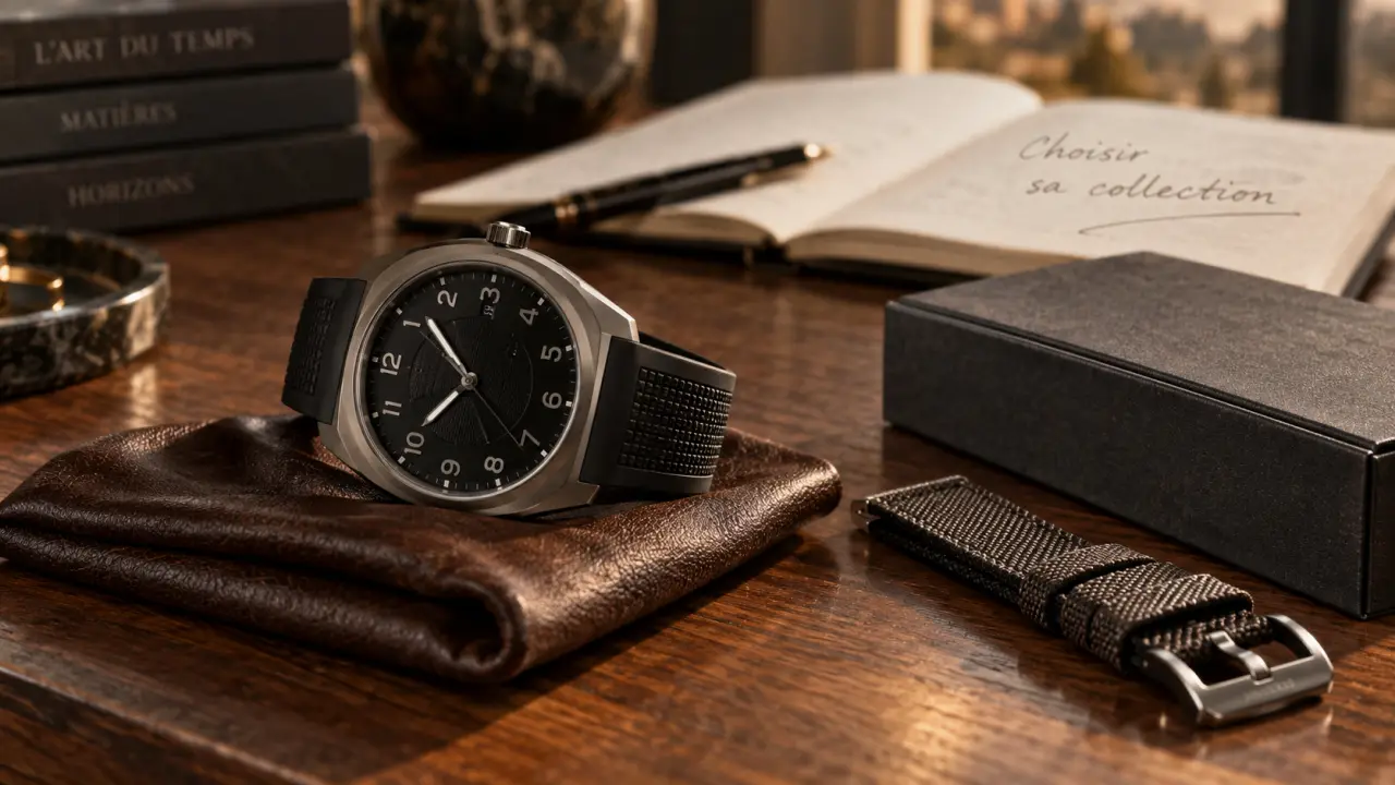 Montres hermes homme H08/Cut : montre noire élégante sur bureau