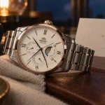 Orient moon and sun : montre automatique Orient Sun & Moon 41 mm, cadran ivoire et cuir brun