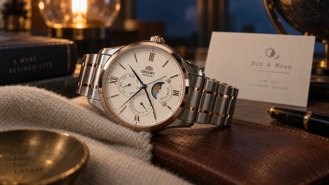 Orient moon and sun : montre automatique Orient Sun & Moon 41 mm, cadran ivoire et cuir brun