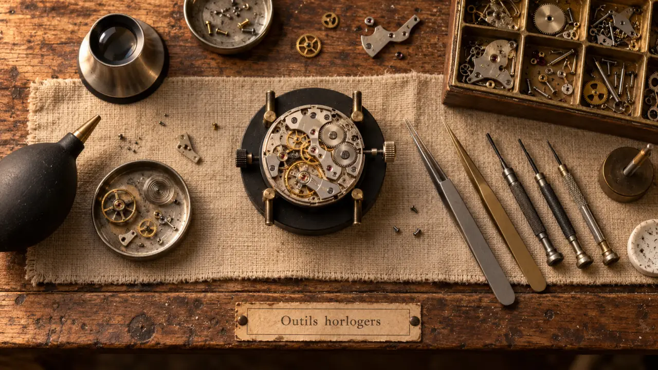 Outil horloger sur table d’atelier : montre, loupe, brucelles, vis sans rayures