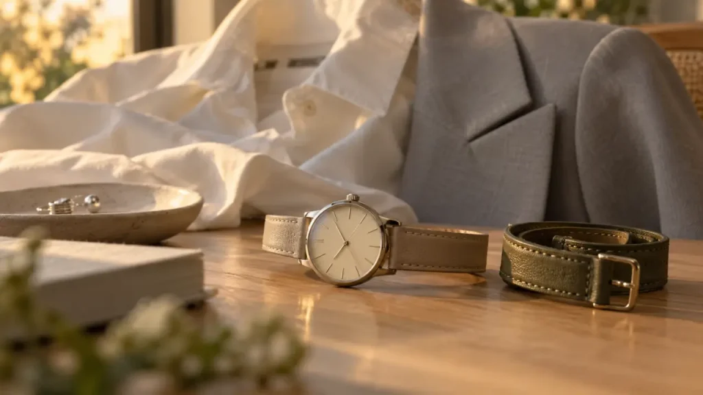 Tendance montre femme 2026 : mini-montre crème et bracelets cuir beige kaki, tons naturels